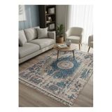 Bazaarforum Bambu Premium Etnik Desenli Salon Halısı, Koridor Halısı, Yatak Odası Halısı, Mavi Bej Geçişli, 100 x 300
