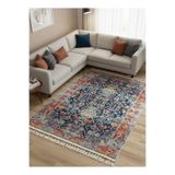 Bazaarforum Bambu Premium Etnik Desenli Salon Halısı, Koridor Halısı, Yatak Odası Halısı, Mavi Zemin Kırmızı, 160 x 230