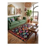Bazaarforum Doğal İplik Şönil Dokuma Pamuk Taban Halı Koridor Halısı Kilim – Antre, Salon Ofis Genç Odası, Siyah - Renkli, 120 x 200