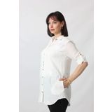 BB-092 BEYAZ GÜMÜŞ YALDIZLI GÜNEŞ DESENLİ KOLU APOLETLİ YANDAN CEPLİ TUNİK GÖMLEK KADIN BÜYÜK BEDEN