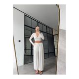 BB Bensu Buyruk BAĞLAMALI CROP BLUZ ŞALVAR PANTOLON TAKIM EKRU