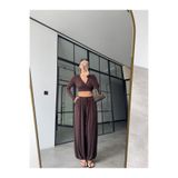 BB Bensu Buyruk BAĞLAMALI CROP BLUZ ŞALVAR PANTOLON TAKIM KAHVE
