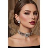 bb bridal boutique Baget Gümüş Taşlı Gri Boncuklu Choker Set Takım, Gri Boncuk Kolye , Tasma Kolye , Küpe , Gümüş Kaplama Tasarım Set Kolye, Abiye Takı,