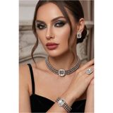 bb bridal boutique Baget Siyah Taşlı Gri Boncuklu Choker Set Takım, Gri Boncuk Kolye , Tasma Kolye ,Küpe , Bileklik ,Yüzük, Gümüş Kaplama Tasarım Set Kolye, Abiye Takı,