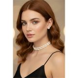 bb bridal boutique İnci Choker Kolye Küpe Takım, Tasma Kolye, Şık Tasarım Kolye, Cam İnci İki Sıra Sarmalı Kolye, İnci Küpe