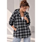 bb butik basic Kapüşonlu Fermuarlı Oversize Ekose Gömlek Ceket Kadın Rahat Mevsimlik Günlük - Siyah TR0935