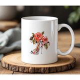 BB Design BB Desing Çiçekli Ayakkabı Tasarımlı Beyaz Seramik Baskılı Kupa Bardak 330 ml