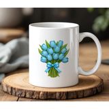 BB DESIGN Mavi Çiçekler Tasarımlı Beyaz Seramik Baskılı Kupa Bardak 330 ml - 001 - Beyaz