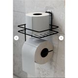 BB MAİSON Yapışkanlı Siyah Tuvalet Kağıtlığı Metal WC Kağıtlık Yedekli Tuvalet Kağıdı Tutacağı Raflı Askı