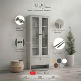BBF Furniture Modern Design %100 Mdf, Cam Kapaklı 64 Cm, Vitrin ve Kitaplık – 5 Raflı, Çekmeceli, Çok Amaçlı Dolap | Modern Tasarım - Gri