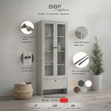 BBF Furniture Modern Design %100 Mdf, Cam Kapaklı 84 cm Vitrin ve Kitaplık – 5 Raflı, Çekmeceli, Çok Amaçlı Dolap | Modern Tasarım - Gri