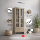 BBF Furniture Modern Design %100 Mdf, Cam Kapaklı 84 cm Vitrin ve Kitaplık – 5 Raflı, Çekmeceli, Çok Amaçlı Dolap | Modern Tasarım - Lefkaş Meşe