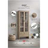 Bbf Lefkas Meşe 74 Cm Cam Kapaklı Vitrin Ve Kitaplık 5 Raflı Çekmeceli Çok Amaçlı Dolap