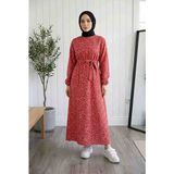 BBS Kadın Kırmızı Çiçek Desenli Beli Lastikli Uzun Elbise - 130 cm Maxi Boy Kuşaklı Elbise - 42 - 006-Kırmızı
