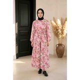 BBS Kadın Pembe Çiçekli Beli Lastikli Uzun Elbise - 130 cm Boy Uzun Kollu Elbise - 42 - 00406 Pembe