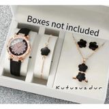 BBS Şık ve Çekici Kelebek Detaylı Kadın Kol Saat ve Takı Seti (Kolye, Küpe, Bileklik, Yüzük) Kutusuz - Siyah