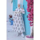 BBS Siyah Dal Desenli Keten Tesettür Elbise - Açık Siyah - Beyaz - 38