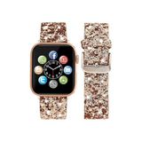 bbtech Apple Watch 38/40/41 MM ile Uyumlu Işıltılı Taş ve Sim Kaplı Şık ve Zarif Deri Saat Kordonu;Rose Gold