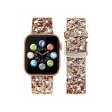 bbtech Apple Watch 42/44/45/49 MM ile Uyumlu Işıltılı Taş ve Sim Kaplı Şık ve Zarif Deri Saat Kordonu;Rose Gold