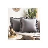 Bc Home 2'li Gri Country Fırfırlı Kare Kırlent Kılıfı Yumuşak Dokulu Vintage,İskandinav,Bohem