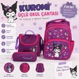 Bcburkay çanta KUROMİ DESENLİ Mor Renk Üçlü Kız Çocuk İlkokul Çantası + Termal Beslenme Çantası + Kalemlik