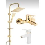 Bdl Armatür Beyaz Gold Kartal Lavabo, Gold Kare Robot Duş Seti, Banyo Bataryası Musluğu Çeşmesi 3’lü Set