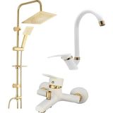 Bdl Armatür Beyaz Gold Robot Duş Seti Lavabo Banyo Bataryası 3'lü Set Takım - Beyaz - Altın