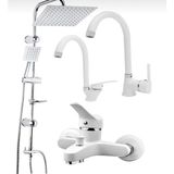 Bdl Armatür Beyaz Krom Robot Duş Seti Lavabo Banyo Mutfak Bataryası Musluğu 4’lü Set