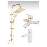 Bdl Armatür Gold Altın Kare Robot Duş Seti, Beyaz Gold Kartal Lavabo ve Banyo Bataryası Musluğu 3’lü Set