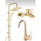 Bdl Armatür Gold Altın Kare Robot Duş Seti, Lavabo ve Banyo Bataryası Musluğu Çeşmesi 3’lü Set