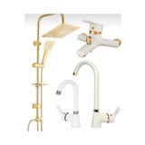 BDL ARMATÜR Gold Kare Robot Seti, Beyaz Gold Banyo, Lavabo, Mutfak Bataryası Çeşmesi 4’lü Set