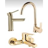 Bdl Armatür Gold Kartal Lavabo, Mutfak Eviye ve Banyo Bataryası Musluğu Çeşmesi 3’lü Set