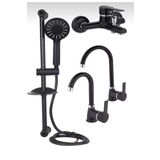 Bdl Armatür Siyah Krom Sürgülü Duş, Mutfak, Banyo, Lavabo 4’lü Set