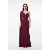 BDM Exclusive Couture Tek Omuz Taş Detaylı Uzun Abiye Elbise