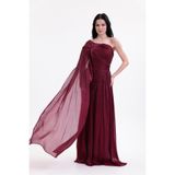BDM Exclusive Parlak Şifon Drape Kollu Tek Omuz Premium Abiye Elbise