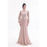 BDM Exclusive Taş Detaylı Drape Gövdeli Uzun Kollu Premium Abiye Elbise