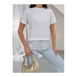BE CHİC KADIN BİSİKLET YAKA KISA KOLLU DANTEL GÜPÜR DETAYLI DÜZ BASİC TSHİRT G0191