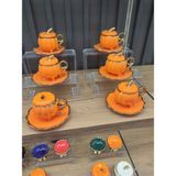 Be-Lis 6’lı Pumpkin Balkabağı Desenli Fincan Takımı - Kapaklı ve Ayaklı Model - Turuncu - Altın