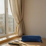 Be Online Hakiki Deri Kalemlik, El Yapımı Çok Amaçlı Makyaj Fırça Çantası, Fermuarlı Organizer Deri Kılıf - Mavi - 20x5x4 - Silindir