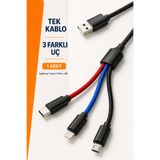 Beatitude Çoklu Hızlı Şarj Kablosu Type-C Micro USB Lightning Uyumlu 3 Başlıklı Telefon Şarj Kablosu
