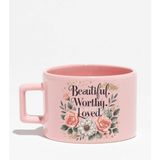 Beautiful Loved Mother Baskılı Anneler Günü Hediye Pembe Dikdörtgen Kulplu Fincan Kupa Bardak