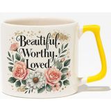 Beautiful Worthy Loved Mother Baskılı Anneler Günü Hediyelik Sarı Kulplu Modern Seramik Kupa