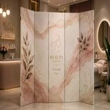 Beauty Center Pudra Mermer Desenli Dekoratif Paravan – Güzellik Salonu Oda Bölücü Tek Taraf Baskılı Arka Düz Kumaş 3 Kanat Yükseklik 180 X Genişlik 120