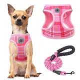 BEAUTYZOO Küçük Köpek Koşum Takımı ve Tasma Seti, Takozsuz Adım Çekme Yok Yumuşak Örgü Köpek Koşumları Küçük Orta Yavru Köpekler ve Kediler için Yansıtıcı, S M Evcil Hayvanlar için Ekose Köpek Yelek