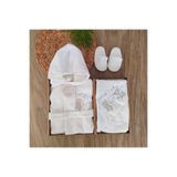 bebe kervanı Unisex %100 Pamuklu Krem Doğal Naturel Kumaş 0-2 Yaş Bornoz Takımı BBK34507
