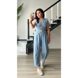 Bebe Mavi Omuz Vatka Detaylı Crop Bluz - Pantolon Takım