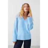 Bebe Mavisi V Yaka Oversize Kadın Triko Kazak MG2149 - L