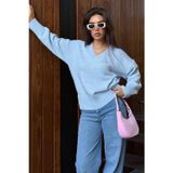 Bebe Mavisi V Yaka Oversize Kadın Triko Kazak MG2149