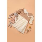 Bebe Yaka Fiyonklu Kız Çocuk Elbise, Kız Çocuk Elbise - Krem - Kahve - 3 - 4 Yaş