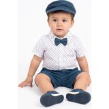 Bebegen Erkek Bebek Beyaz Mavi Desenli Gömlekli Şapkalı Papyonlu Şortlu Takım - 12 - 18 Ay